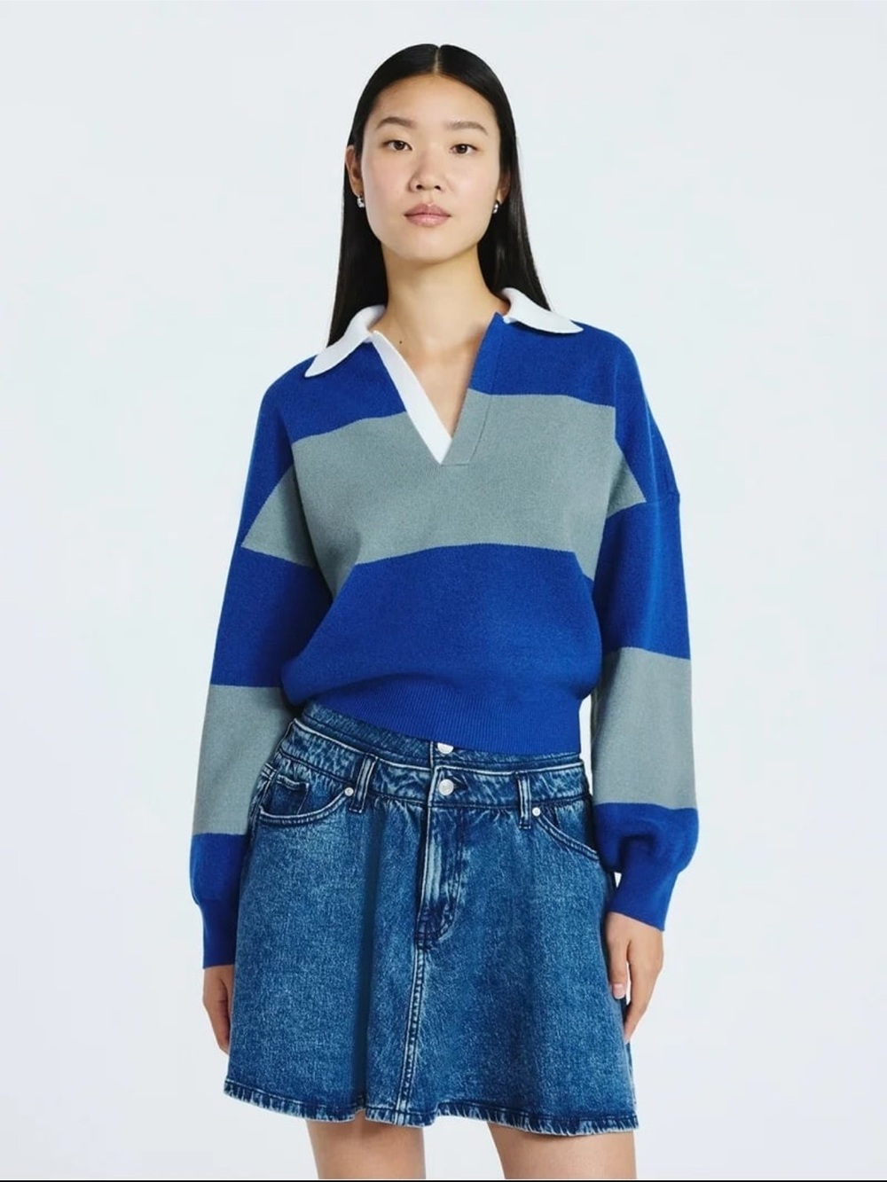 Scoop Women’s Collared V Neck Midweight Oversized Striped Rugby Sweater EUC